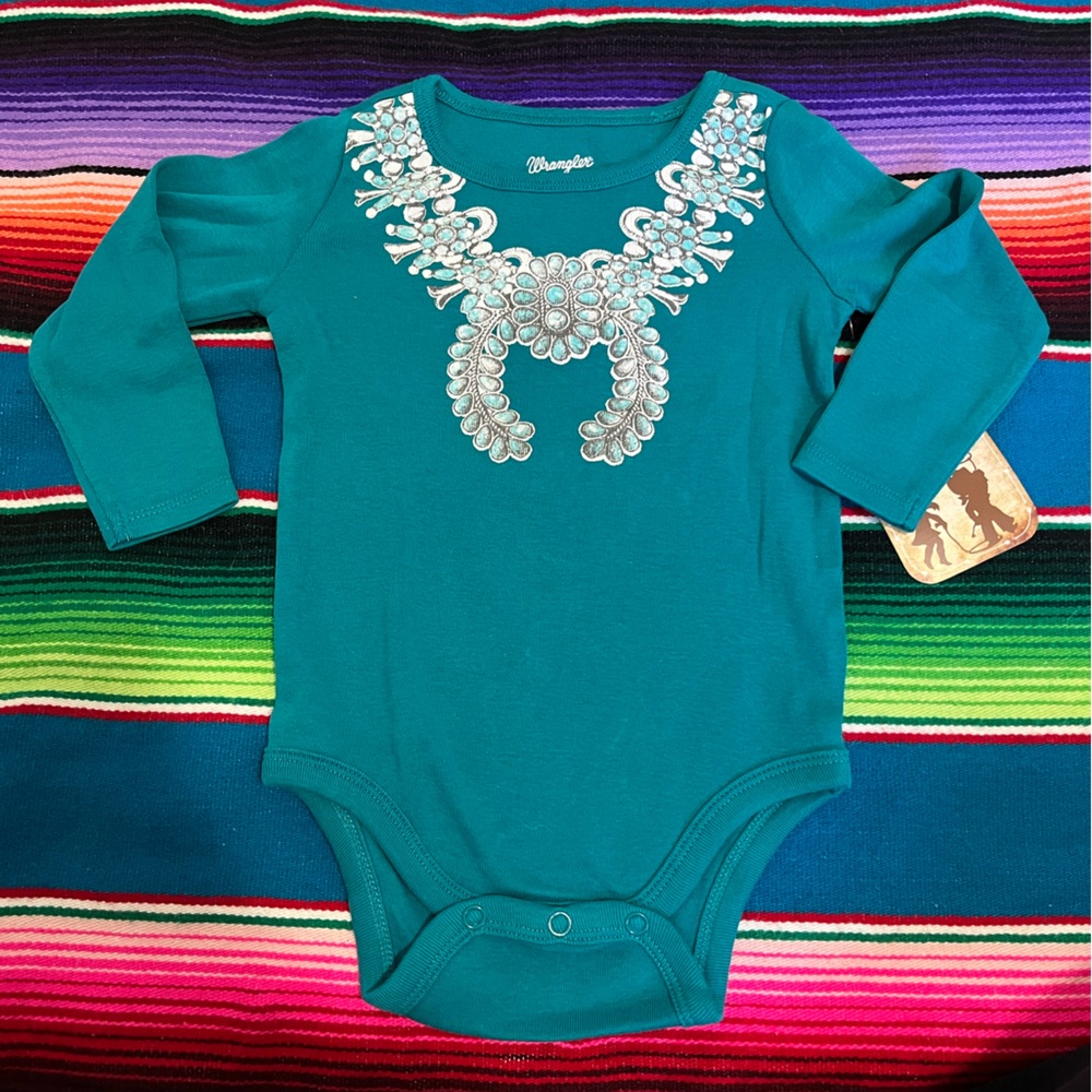 NWT Wrangler Teal Long-Sleeve Baby One-Piece with Southwestern Necklace Print